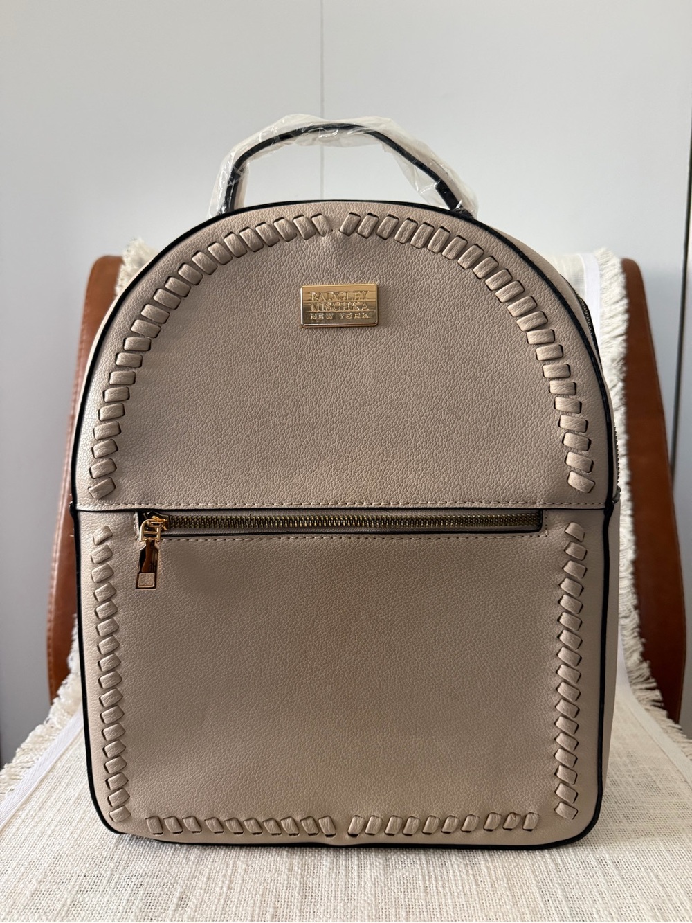 Badgley Mischka Taupe Whipstitch Backpack Faux Leather Gold Hardware NWT